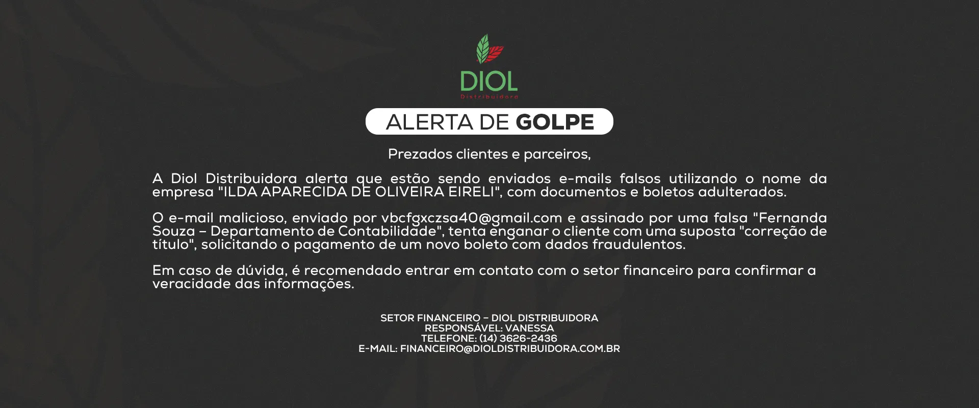 Banner: aviso sobre golpistas enviando falsos boletos